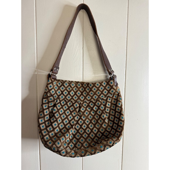 Midi‎ Queen Shoulder Bag Women's Brown Blue Diamond Pattern Magnetic Closure - Picture 4 of 12